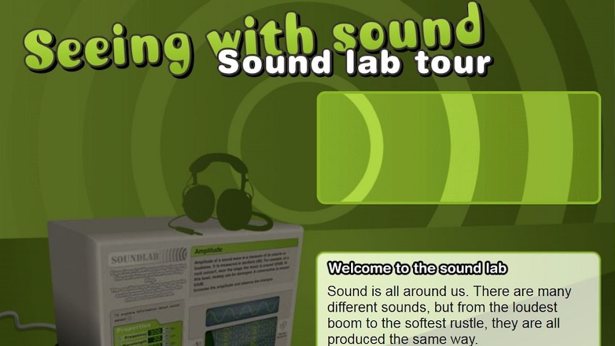 Computer image of machine with headphones, text reads "Seeing with sound: Sound lab tour"