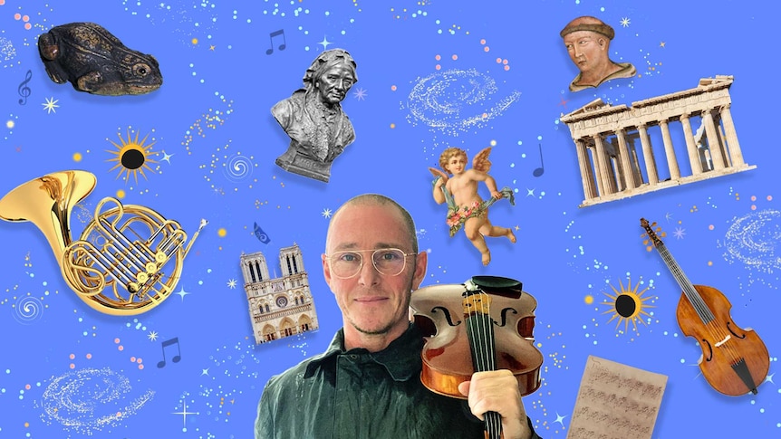 Ed Ayres in a compiled graphic with objects from music history on a cosmic background.
