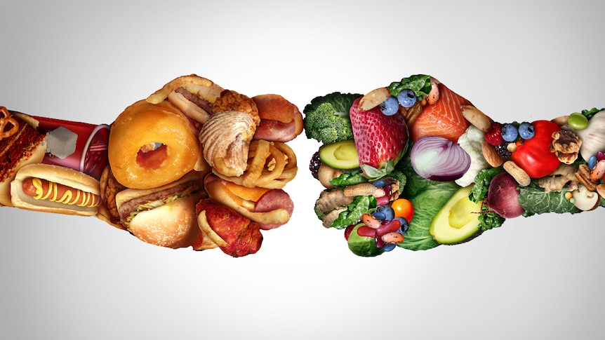 Graphic of junkfood fist versus nutritious fist.