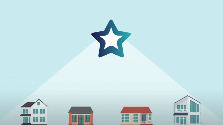 A screenshot of a video shows an illustrated star shining a spotlight on several houses.