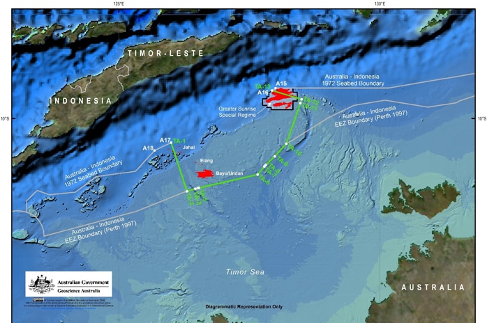 A map of the Timor Sea between Australia and Timor-Leste with the boundaries of the oil fields highlighted