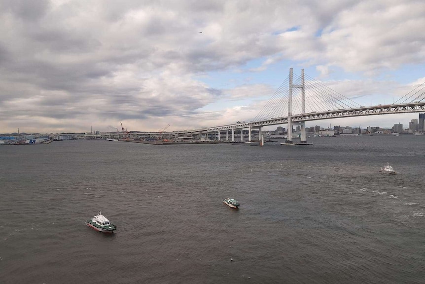 View from the Diamond Princess shows a bridge and other boats in the port of Yokohama.