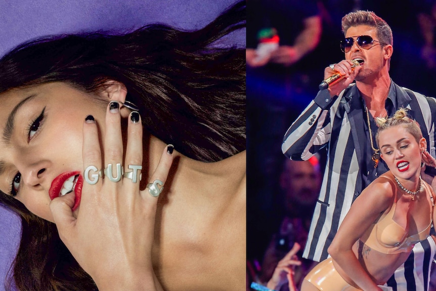 Close-up image of Olivia Rodrigo biting her thumb, next to image of Miley Cyrus  twerking next to Robin Thick on stage.