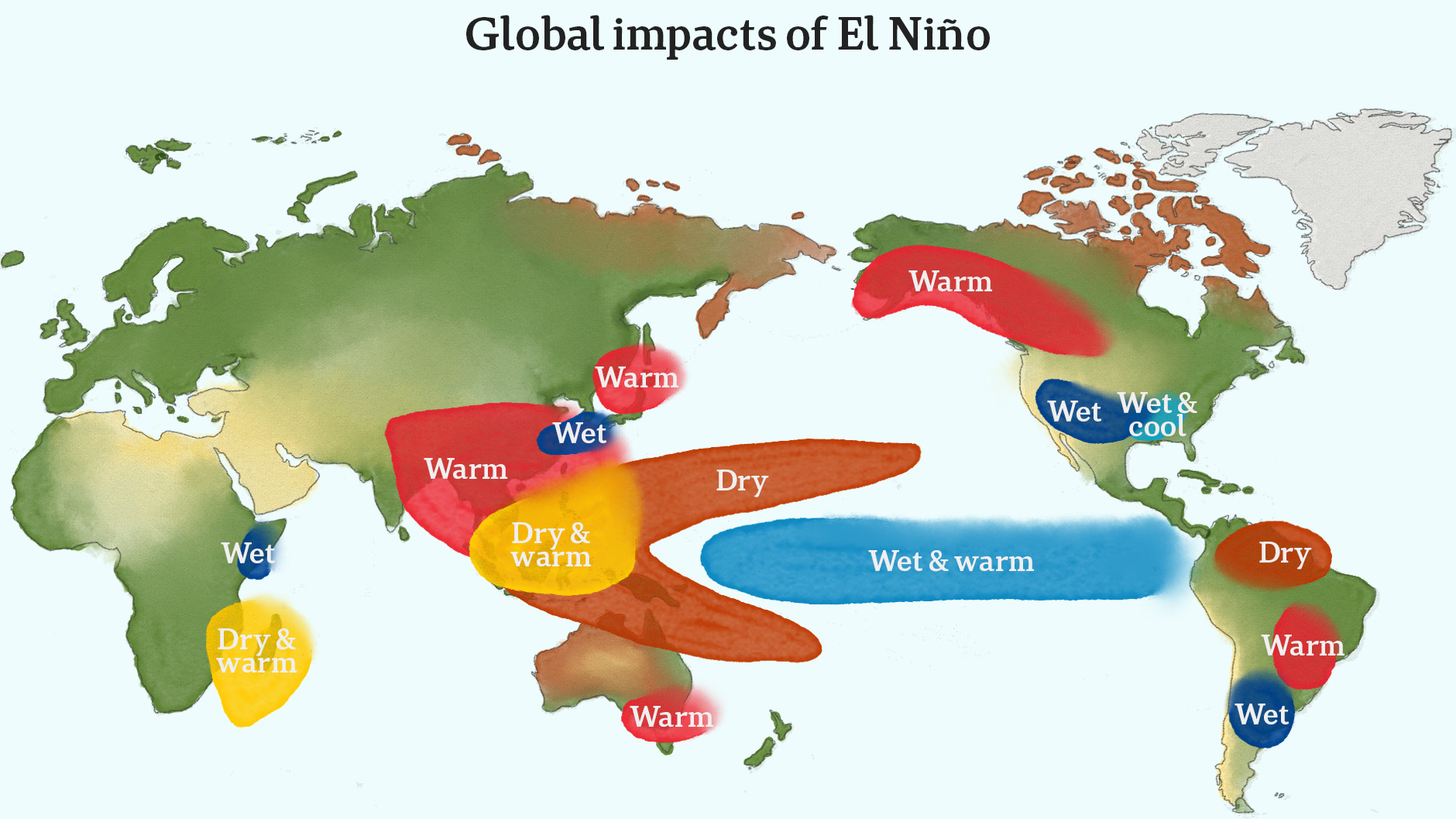 Water colour world map showing weather currents.