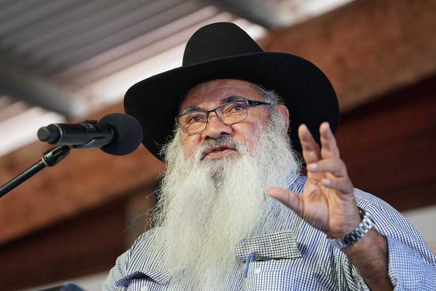 Pat Dodson, opposition spokesman on constitutional recognition pictured speaking at Garma 2019.