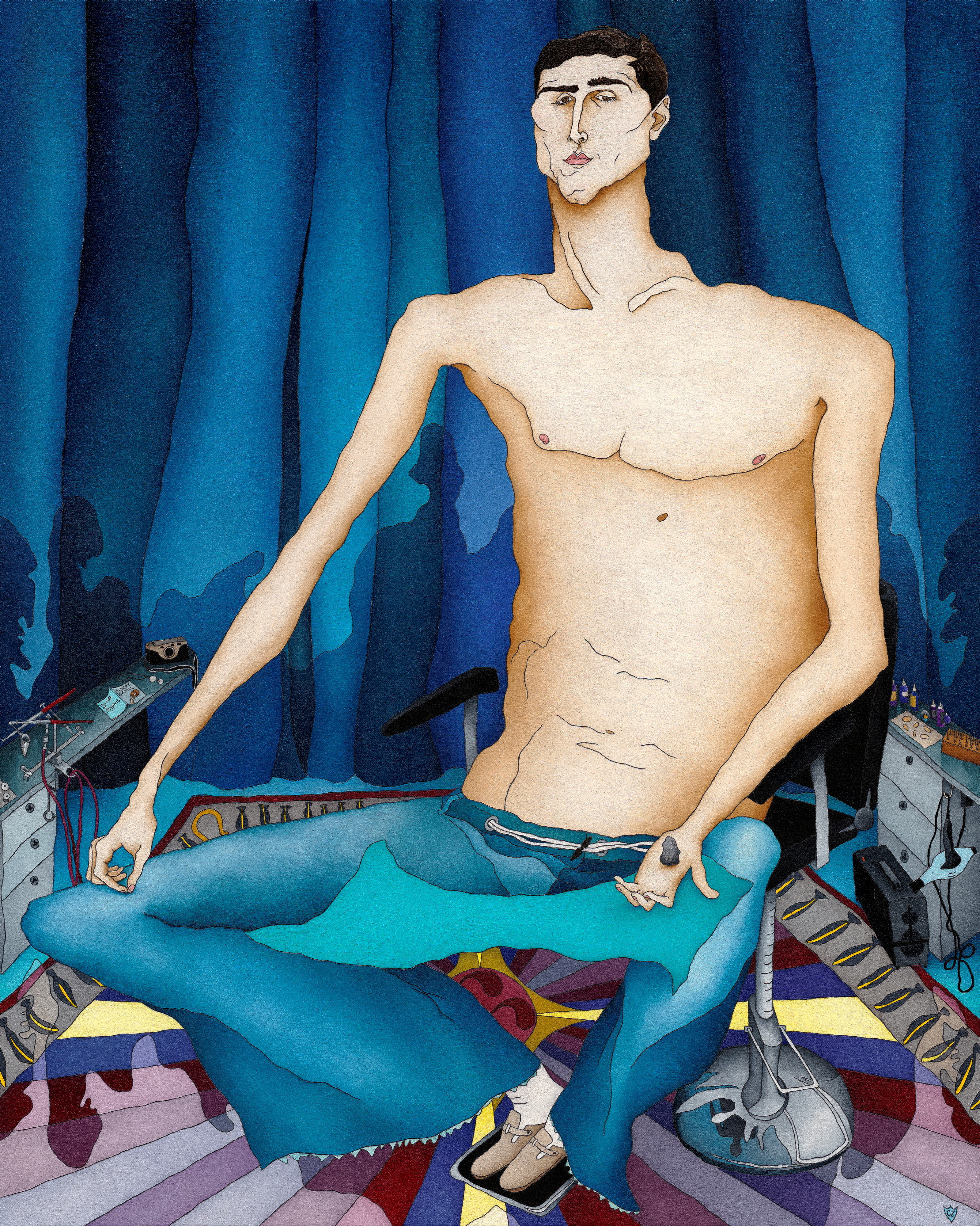 A slightly abstract portrait of Jacob Elordi, sitting topless and wearing blue jeans against a blue curtain.