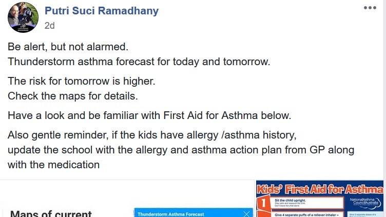 Putri Suci Ramadhany teratur menyebarkan informasi mengenai asma dan kemungkinan terjadinya Badai Asma di Melbourne.