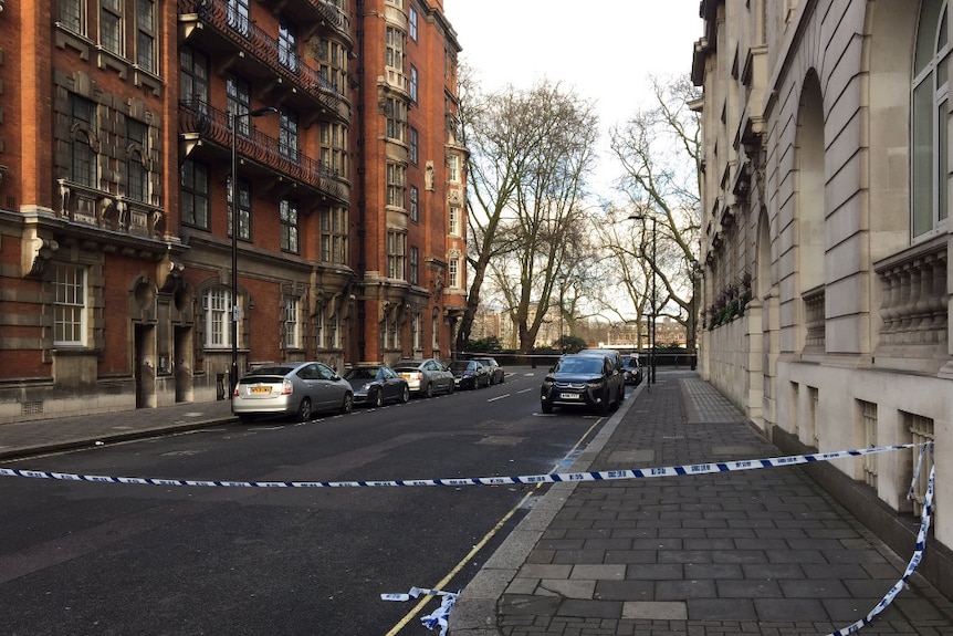 Police tape is seen outside the ABC London Bureau, after the building went into lockdown.