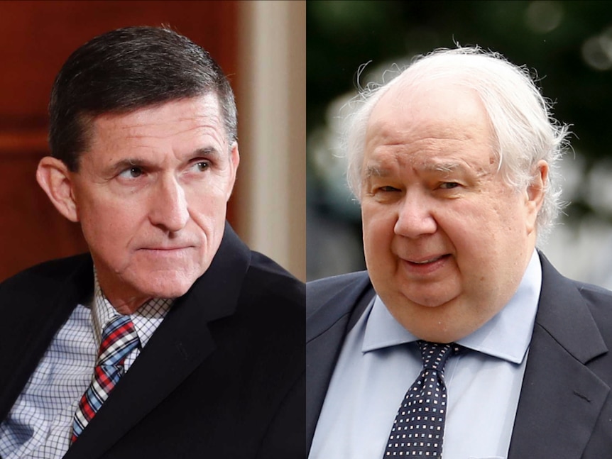 Michael Flynn, in a dark suit with checkered shirt and tie, and Sergei Kislyak, in a navy suit with pale blue shirt and dark tie