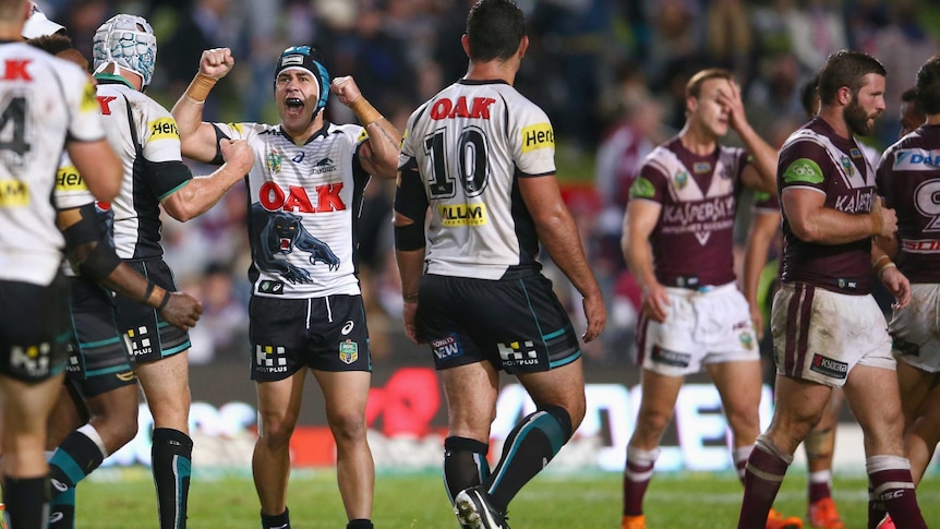 Jamie Soward leads Penrith celebrations after win over Manly