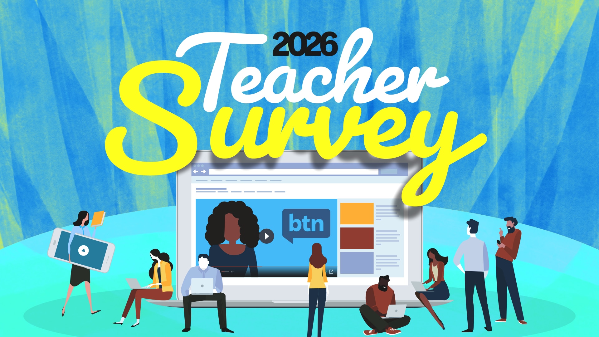 Illustration of teachers watching BTN on a comically large screen.