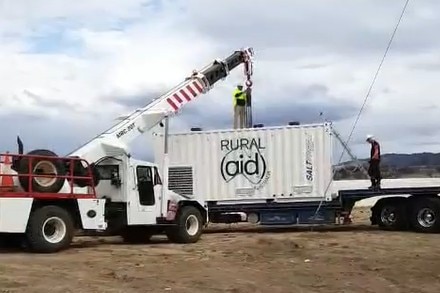 The charity Rural Aid offloads its desalination plant in Shirley Park at Tenterfield