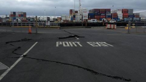 A cracked road surface at Wellington port after an earthquake off NZ.