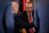 Joe Biden leans in to talk to Recept Erdogan who stares directly at the camera while seated.