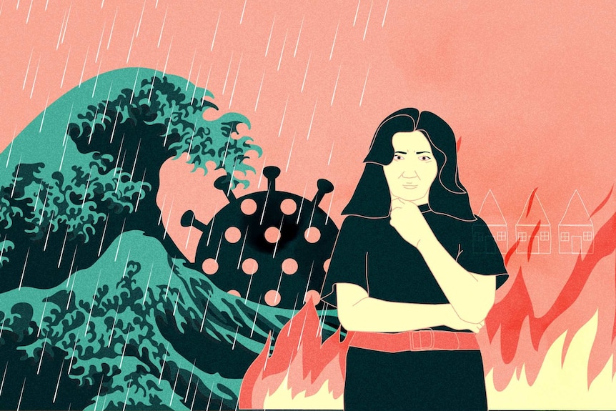 An illustration shows a woman standing near a large wave, a virus, and a bushfire