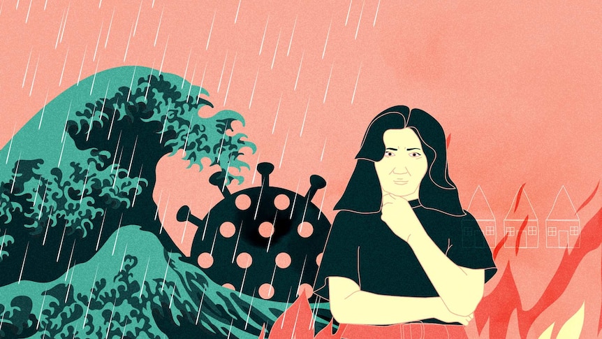 An illustration shows a woman standing close to a big wave, a virus and a forest fire
