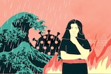 An illustration shows a woman standing near a large wave, a virus, and a bushfire