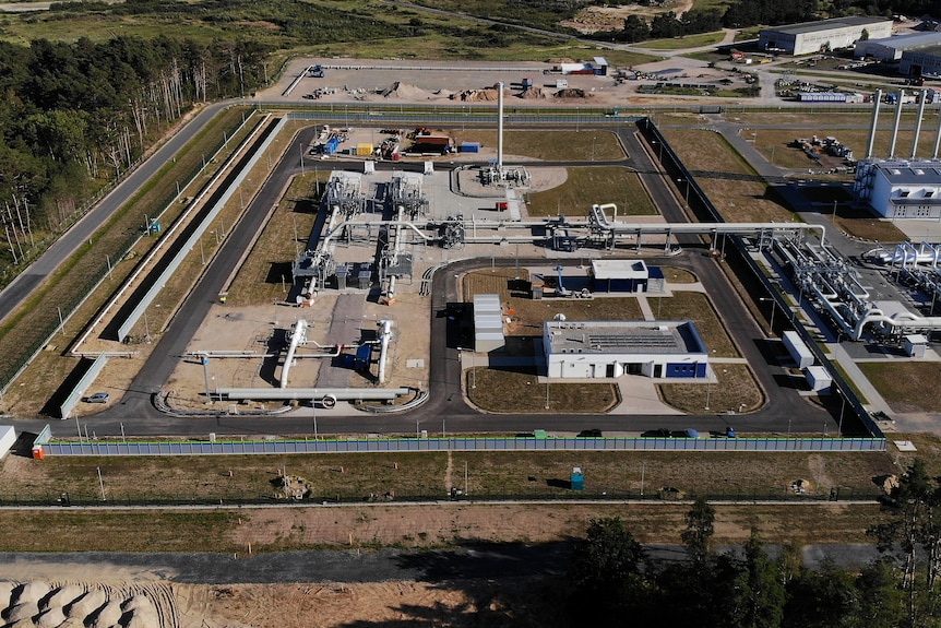 An aerial shot of the two onshore pipe exits of the Baltic Sea pipeline Nord Stream 2. 