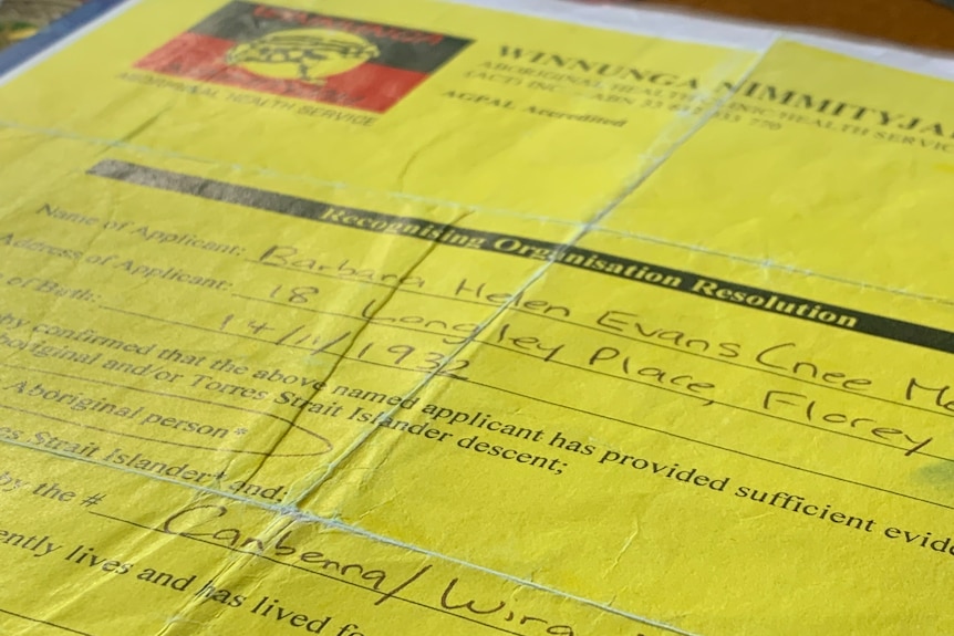 Yellow page with details confirming indigenous heritage 
