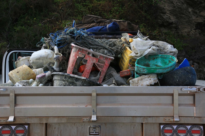 A shot of a mountain of rubbish in the back of Blue Douglas's ute.