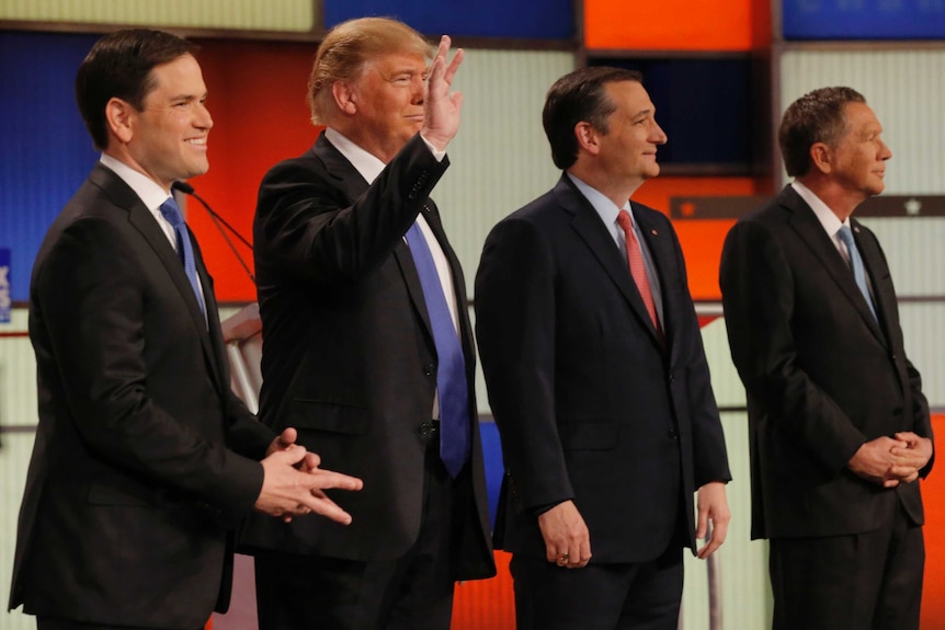 Republican U.S. presidential candidates (L-R) Marco Rubio, Donald Trump, Ted Cruz and John Kasich pose together