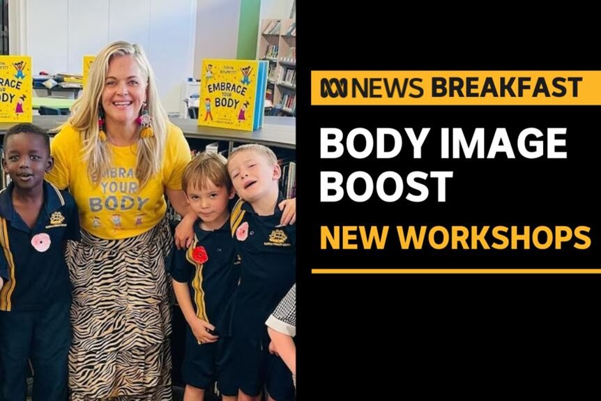 Body Image Boost, New Workshops: A woman in a yellow t-shirt puts her arms around two cildren on each side of her.