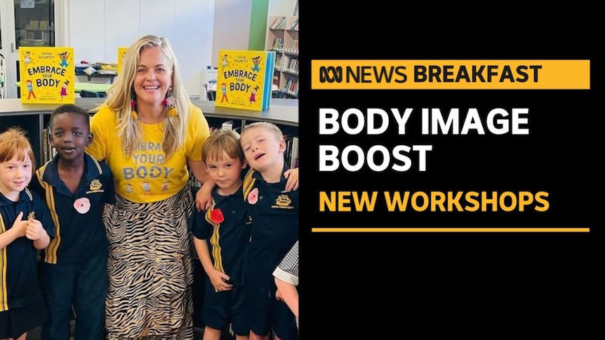 Body Image Boost, New Workshops: A woman in a yellow t-shirt puts her arms around two cildren on each side of her.