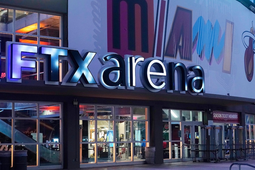 A sign saying FTX arena over the doors of a stadium. 