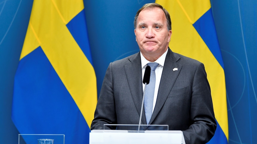 Swedish PM Stefan Lofven stands at a podium looking defeated after losing the no-confidence vote.