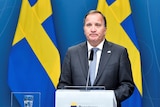 Swedish PM Stefan Lofven stands at a podium looking defeated after losing the no-confidence vote.