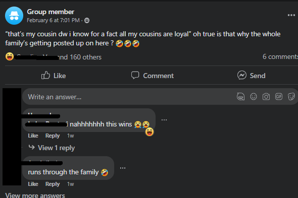 A screenshot of a post in a closed facebook group making fun of people who defend their cousins against cheating allegations