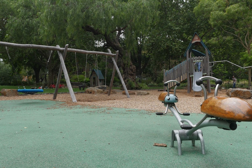 An empty playground, with swings, slides and trees around the edge