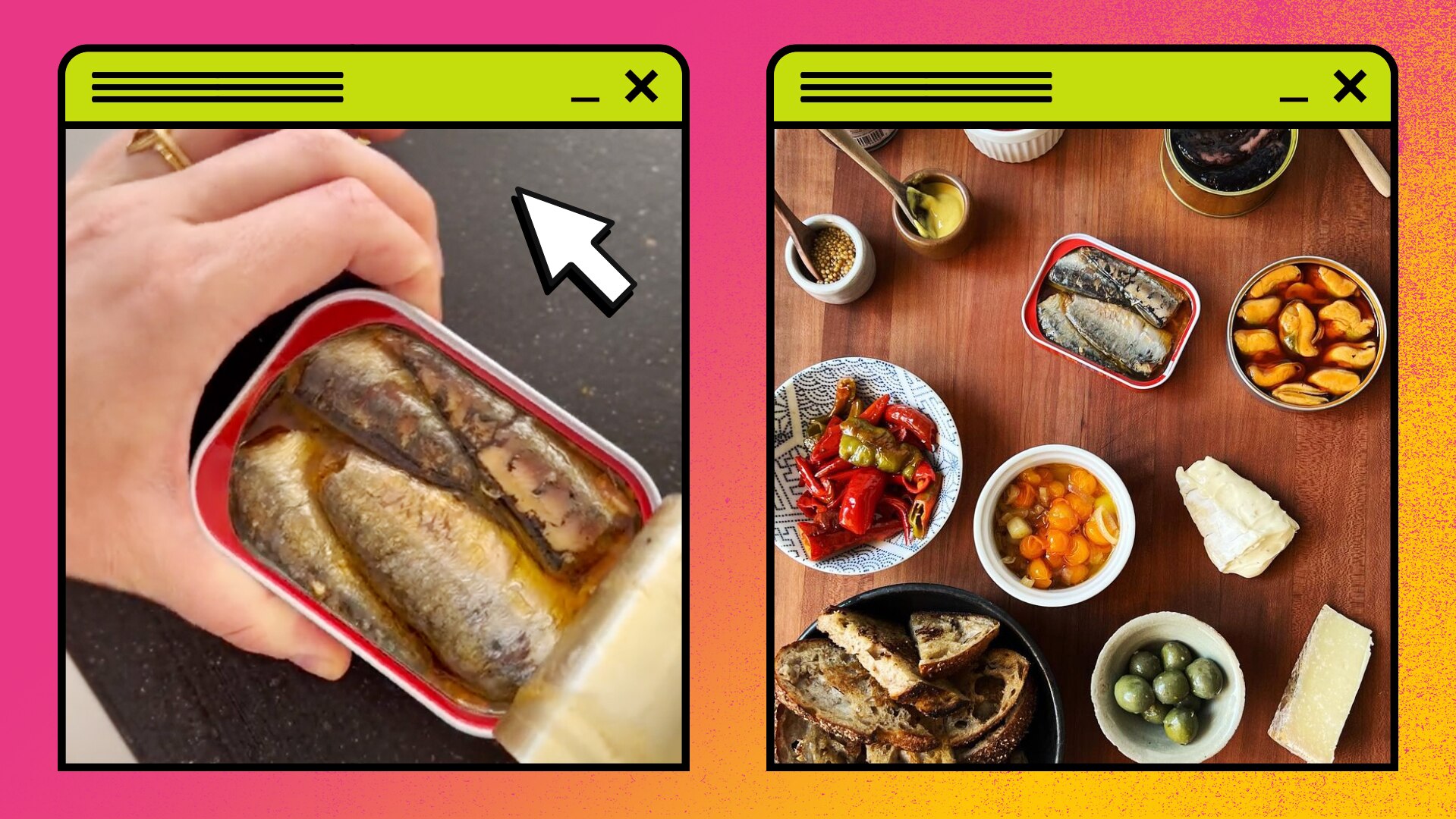 Screen grabs from two TikTok videos featuring tinned fish are seen cut out against a pink and yellow gradient background. 