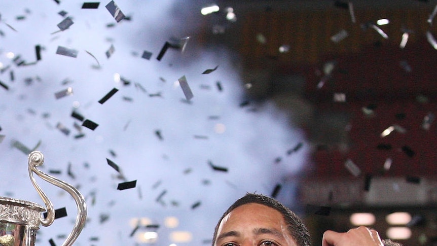 Kiwis celebrate victory after Four Nations final against Australia at Lang Park in November 2010.