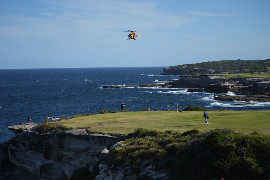 A helicopter hovers over a bay with people on a cliff in the foreground. 
