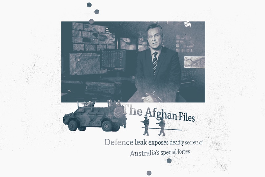 A collage of images including a tv still of Oakes with screens behind him, the headline 'The Afghan Files', and soldiers.