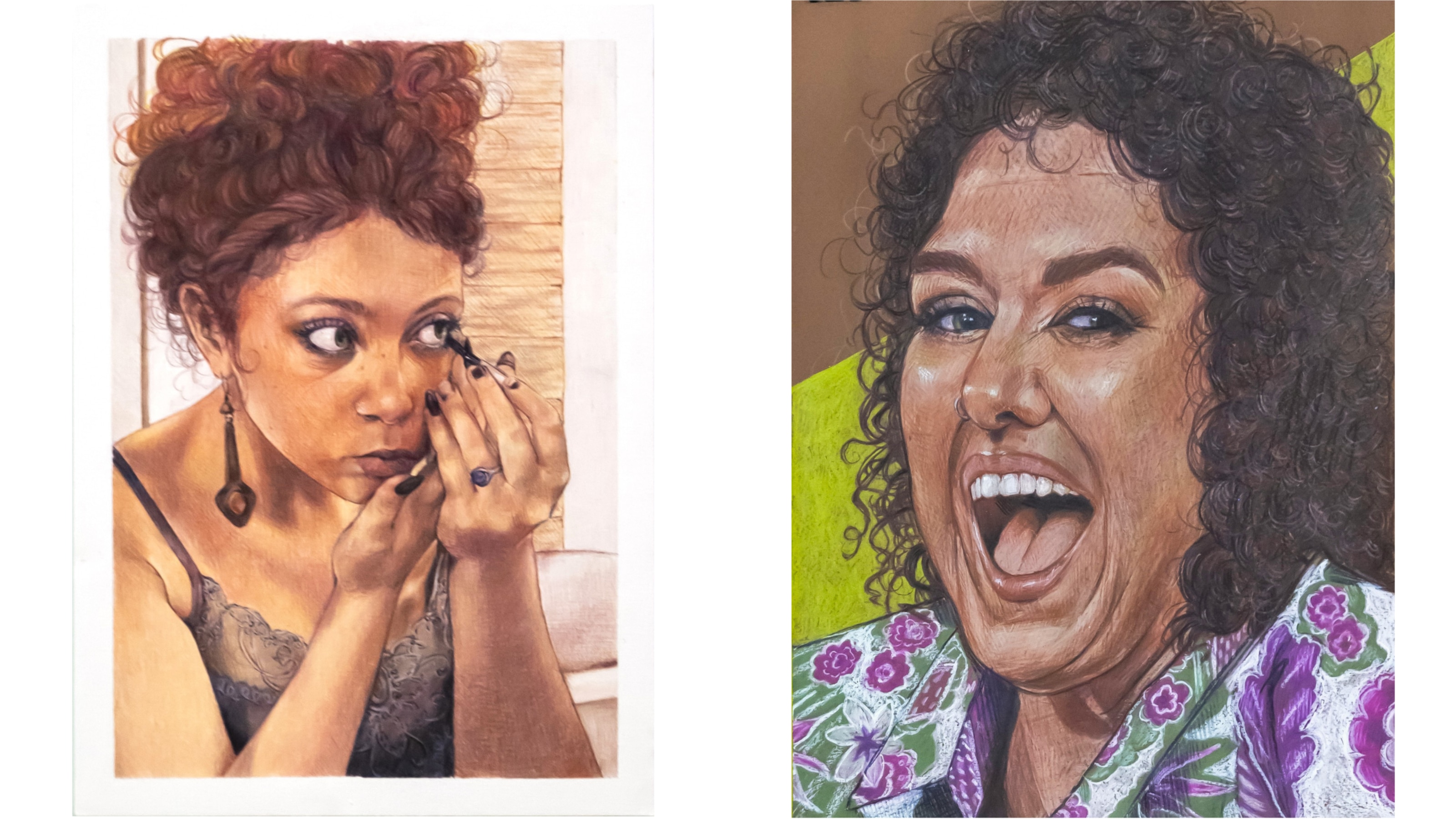 An oil painting of a teenaged girl applying eyeliner in a mirror, next to a colourful pencil drawing of Casey Donovan smiling