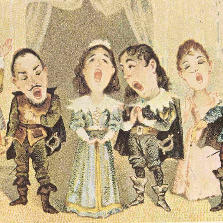 A drawing of six singers in a line, all with mouths wide open singing with passion.