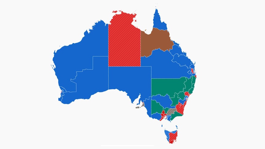 The map shows each electorate in Australia colour coded by outcome.