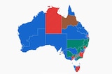The map shows each electorate in Australia colour coded by outcome.