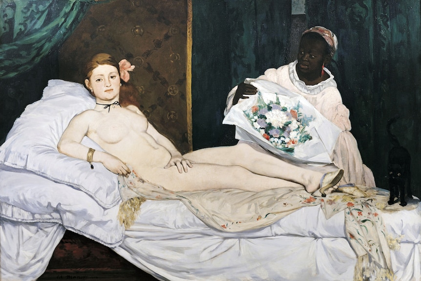 A 19th century oil painting of a naked white woman reclining and a Black woman presenting her with a bouquet