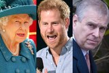 A composite image of Queen Elizabeth, Prince Harry and Prince Andrew