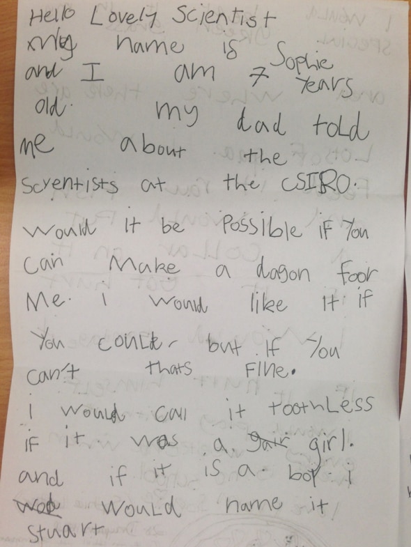 Letter written by seven-year-old Sophie asking for a dragon