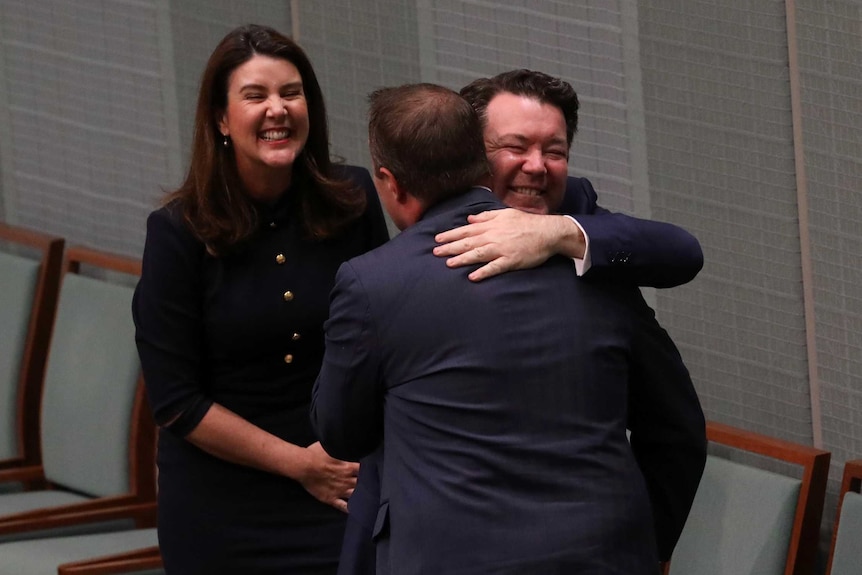 Senator Dean Smith congratulates Liberal MP Tim Wilson.