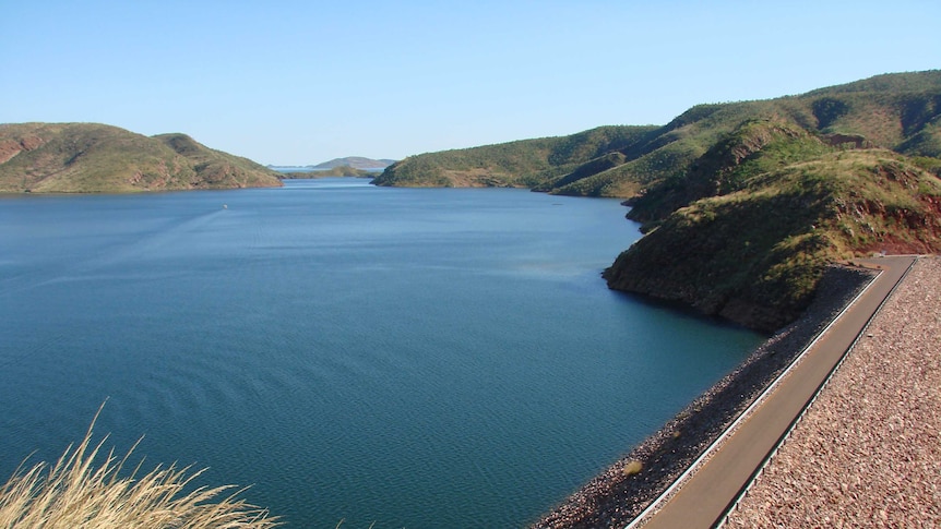 A large lake beneath a blue sky in Western Australia's Kimberley