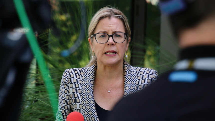 A woman with blonde hair and glasses speaks at a press conference