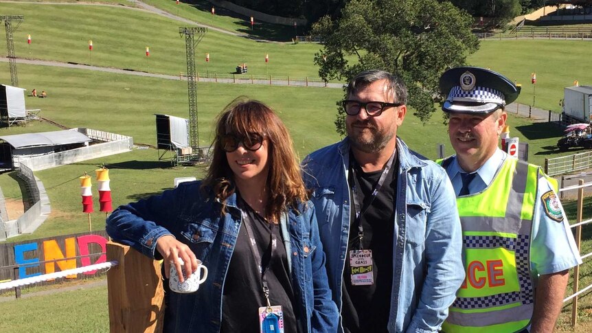 Splendour Festival organisers and co-producers, Jessica Ducroe and Paul Piticco, with NSW Police Chief Inspector Gary Cowan