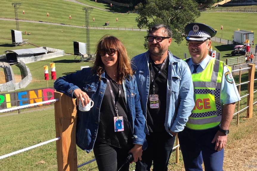 Splendour Festival organisers and co-producers, Jessica Ducroe and Paul Piticco, with NSW Police Chief Inspector Gary Cowan