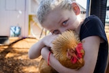 A 10 year old girl holding a brown chicken