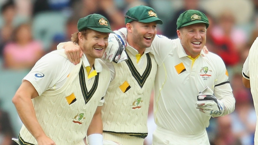 Watson, Haddin and Clarke embrace after clinching second Ashes Test